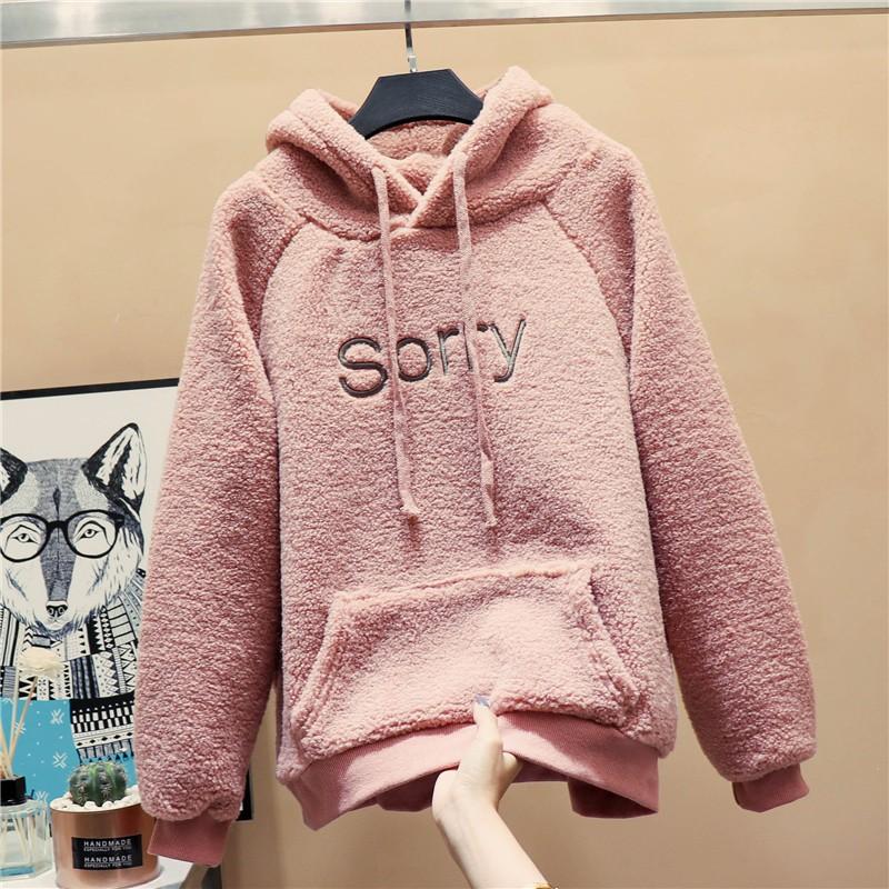 Womens Fleece-Lined Hooded Sweatshirt With Embroidery - Cozy Thick Warm Oversized Pullover Winter College Style