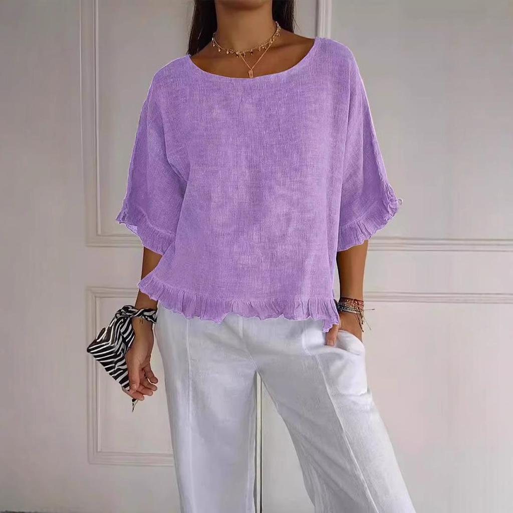 2025 Женская рубашка свободного кроя с коротким рукавом из хлопка и льна - Однотонная, с круглым вырезом, в европейско-американском стиле.
