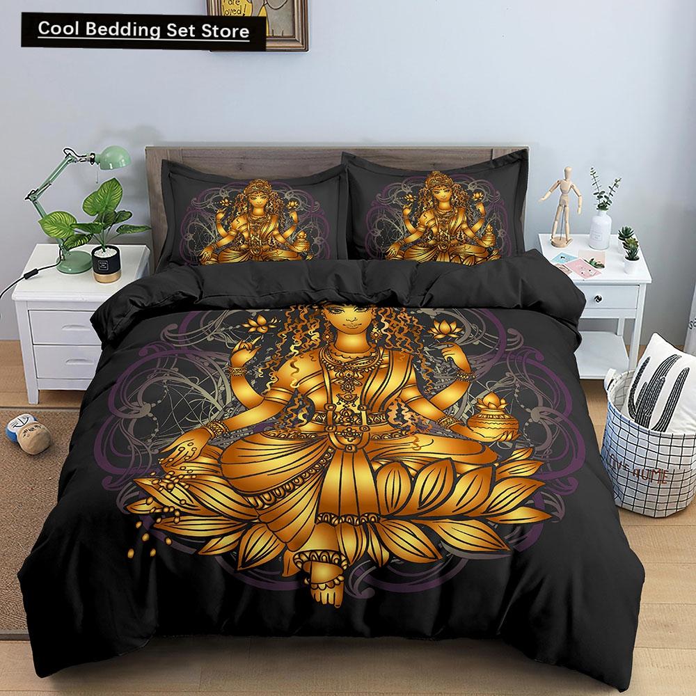 Комплект постельного белья Будда Индийская религия Буддизм Медитация Мандала Пододеяльник Улыбка Будды Цветочный мягкий пододеяльник Queen King Size