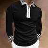 Business Men's Checkered Printed 3D Printed Zipper Long-sleeved POLO Shirt