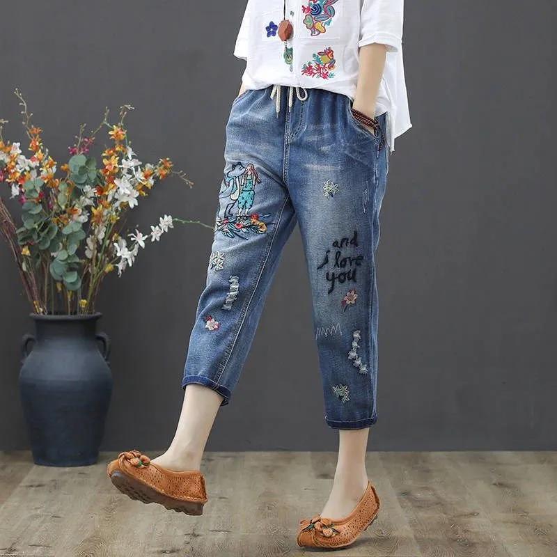 Embroidery Ankle-Length Baggy Jeans Elastic High Waist Capris Lace Up Harem Denim Pants Women Oversized Pantalon