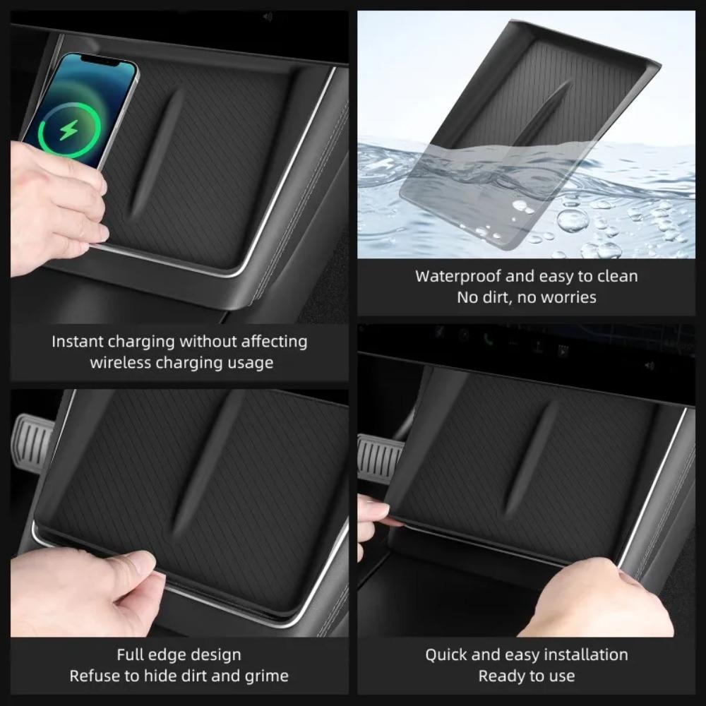Wireless Charge Pad For Tesla Model Y Juniper 2025 Plaid Car Center Console Charging Station Mat Anti - Skid Silicone Protector