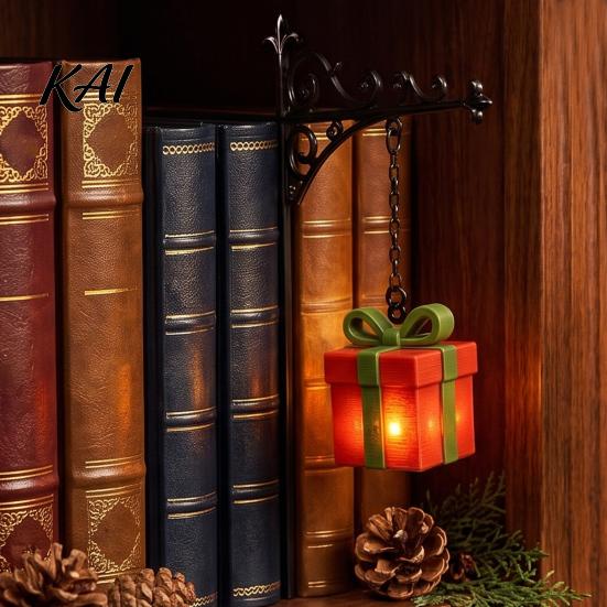 Small Nightstand Lantern Christmas Bookshelf Lamp, Nook Light with Warm LED Nightlight, 3D Printed Shade, Creative Gift for Book Lovers Vintage Hidden