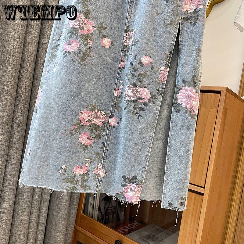 Весенне-летняя универсальная узкая джинсовая юбка средней длины в стиле ретро с разрезом и принтом, женская шикарная юбка средней длины с высокой талией и бедрами