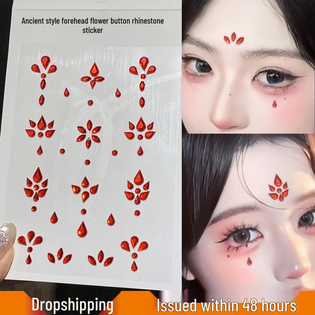 Древний стиль Красный головной убор с горным хрусталем на лоб и наклейки для украшения лица для макияжа в стиле Ханьфу