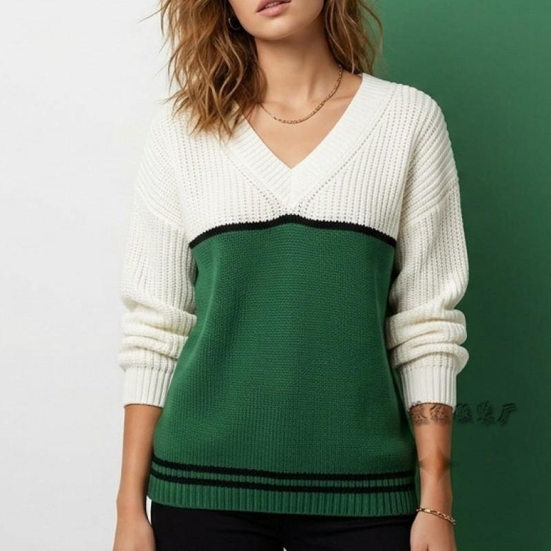 2026 Color Block V Neck Sweater Loose Fit Pullover Knit Top Women