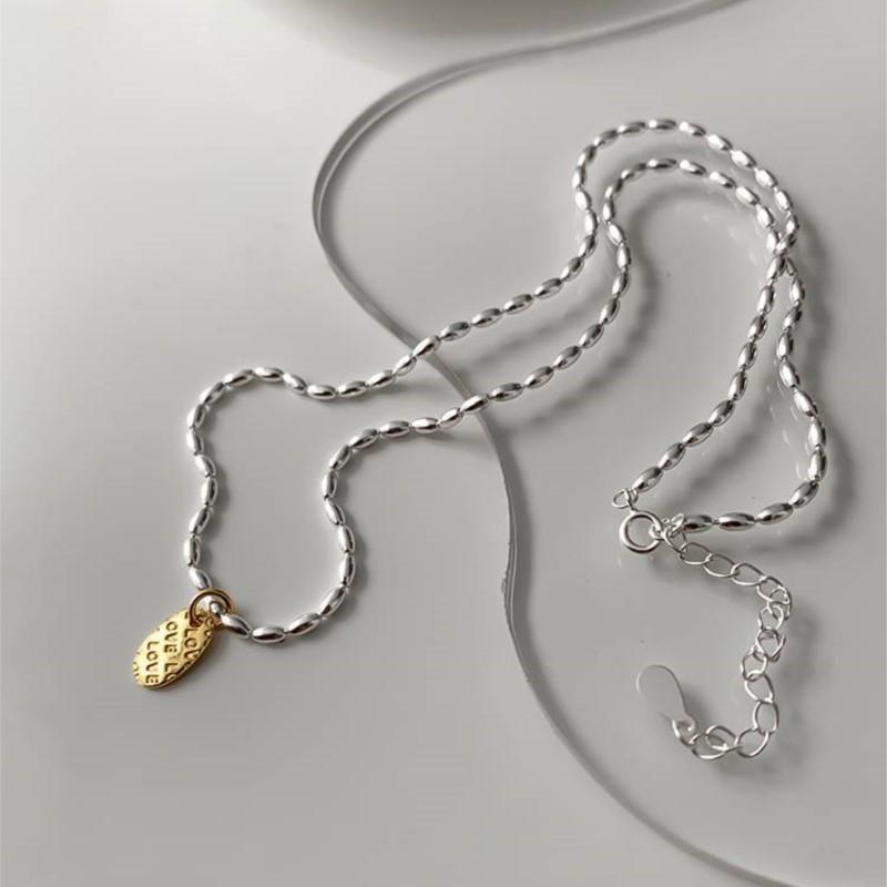 ANENJERY Love Letter Oval Pendant Olive Bead Rice Grain Necklace for Women Fashion Jewelry Summer Accessories
