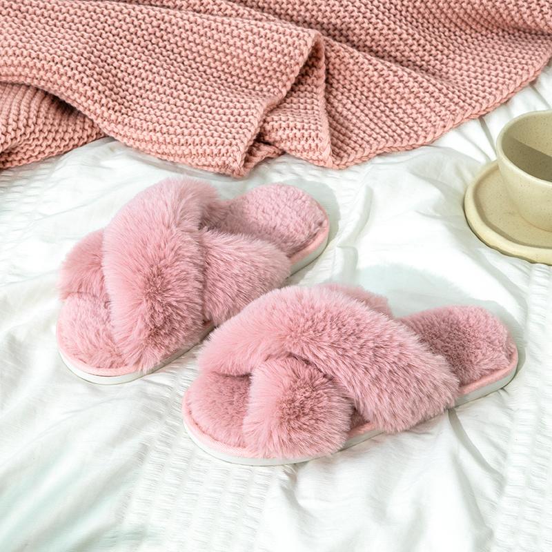 Женские пушистые тапочки с перекрещенными ремешками, мягкие плюшевые уютные домашние тапочки, меховые с открытым носком, для дома и улицы, теплые, с нескользящей подошвой