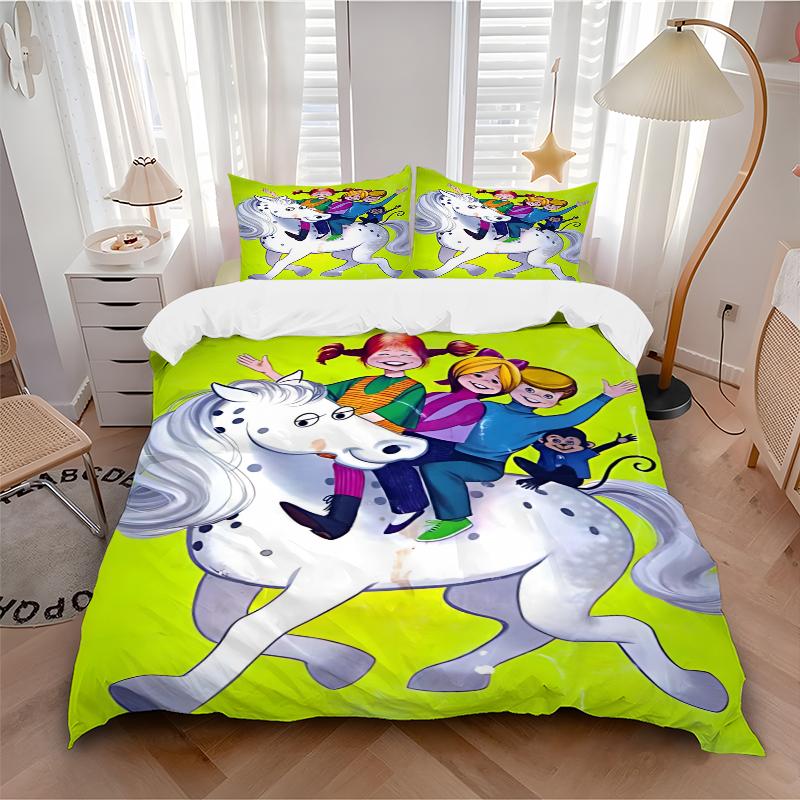 3Pcs Pippi Friends Ride Horse Bedding Set Soft Fabric Duvet Cover Pillowcases Home Christmas Xmas Halloween Gift 1 Duvet Cover 2 Pillowcase G170