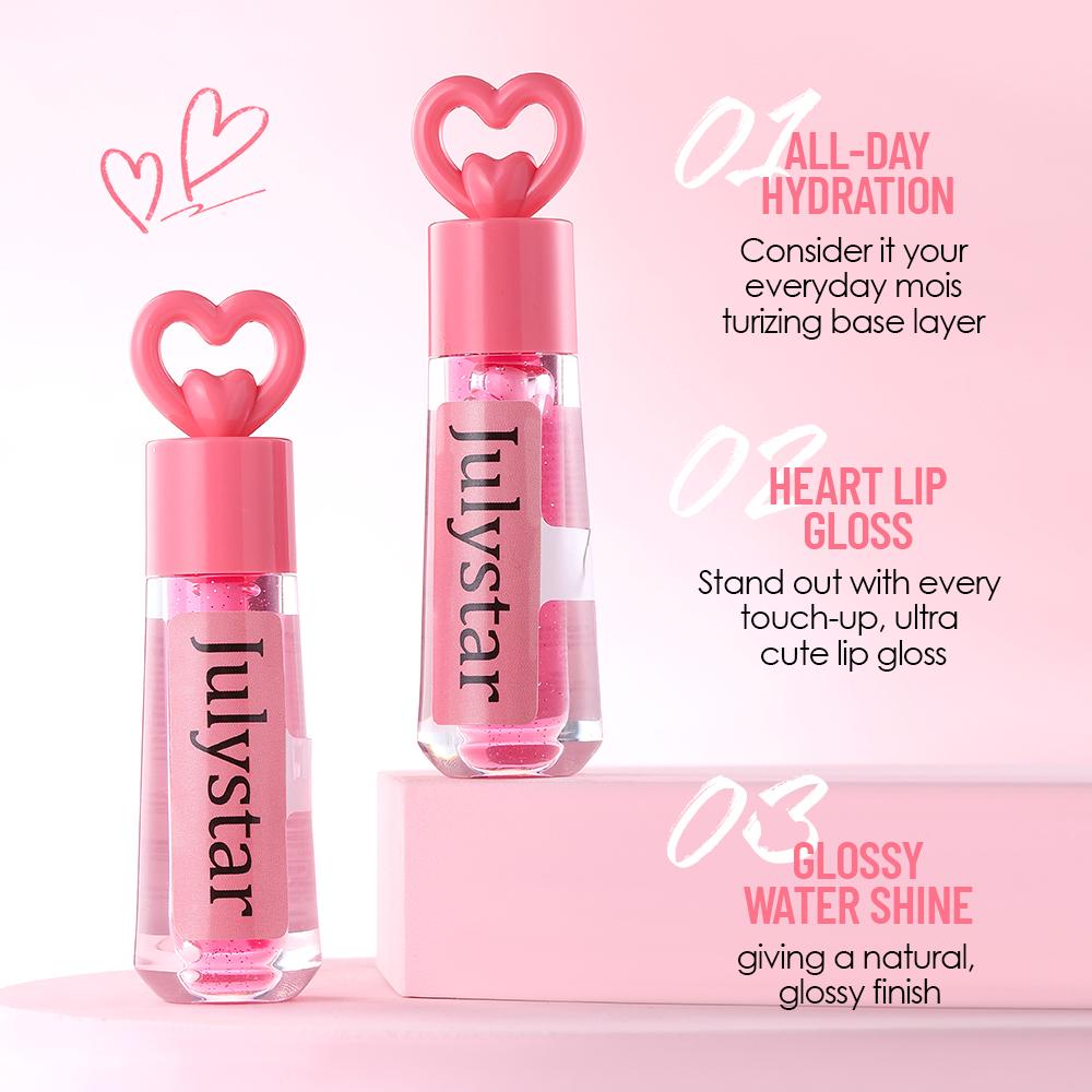 Julystar Heart-Shaped Lip Gloss, High Shine Mirror Finish, Hydrating & Moisturizing Clear Pink Lip Tint, Non-Sticky & Long Lasting Liquid Lipstick