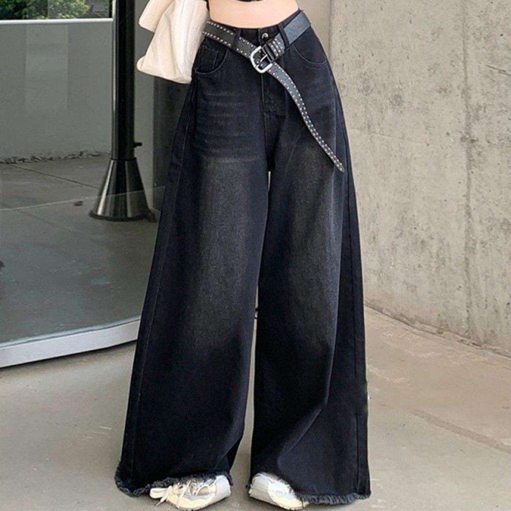 Черные джинсы с высокой талией для женщин на осень, свободный крой и утягивающий, универсальные, широкие штанины, брюки длиной до пола