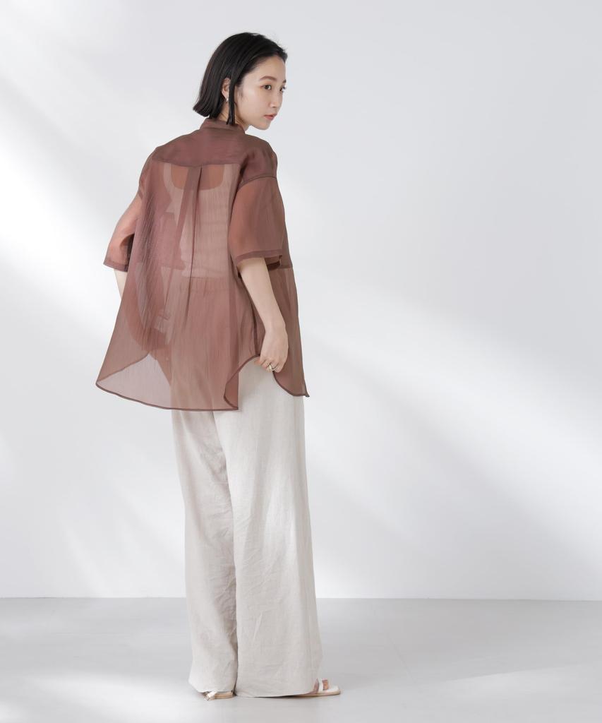 Nano Universe Band Collar Sheer Short Sleeve Size F Women's Shirt, 050, Brown, 673-5121321