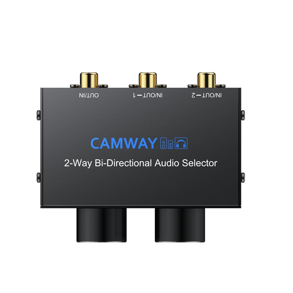 CAMWAY Двунаправленный аудиопереключатель 2 в 1 с переключателем включения/выключения звука, подходит для CD и компьютеров, 2-портовый переключатель, 3,5 мм + RCA, 1 вход / 2 выхода, Вход/2