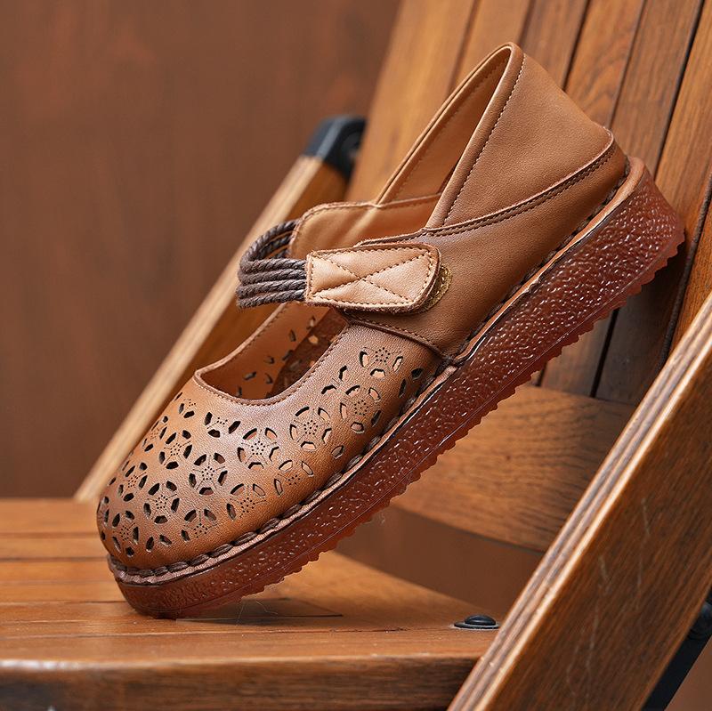 Johnature Women's Flat Shoes Retro Round Toe Genuine Leather Hollow-out Breathable Soft Soled Sandals