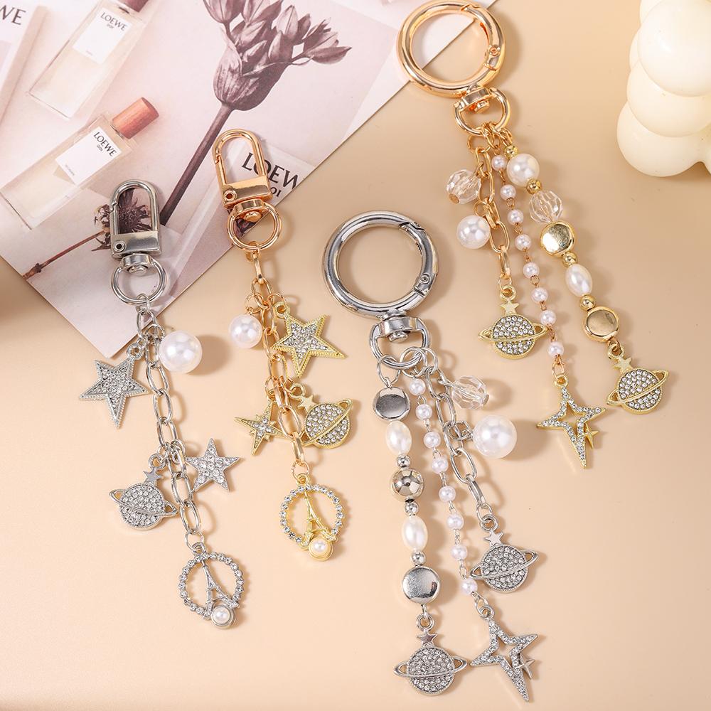 New Rhinestones Star Keychain Pearl Beaded Key Ring Pendants for Women Girls Handbag Decor DIY Handmade Jewelry Gifts
