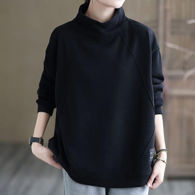 Свитшот для женщин, хлопковая свободная футболка большого размера с длинным рукавом, флисовая утолщенная удобная повседневная кофта с высоким воротом