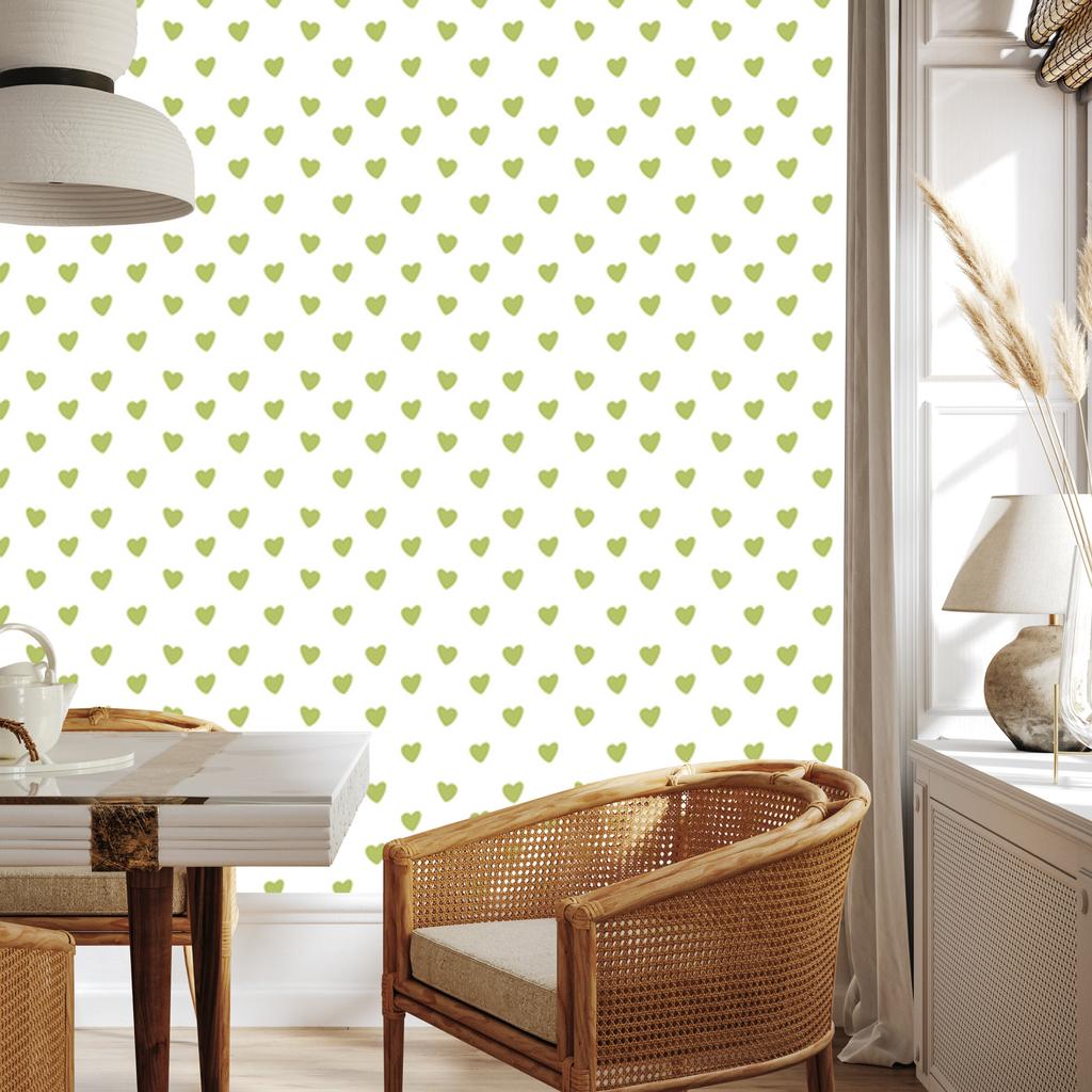 Heart Wallpaper White, Cream, Lime and Beige 50x1000