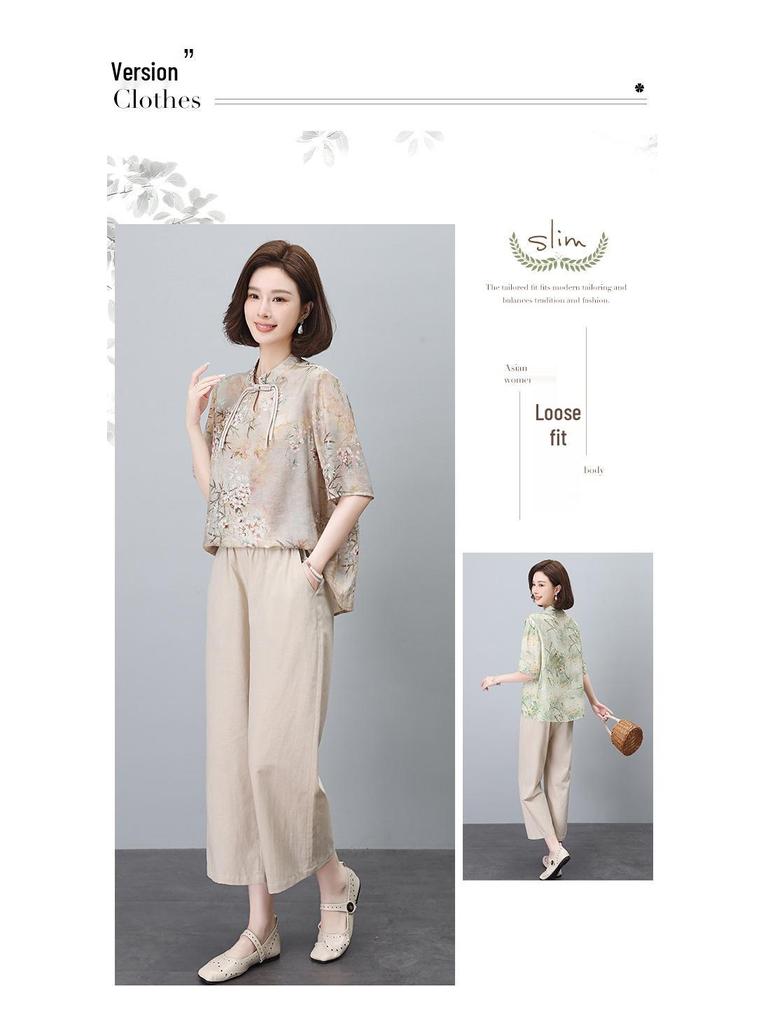 Летний женский костюм в национальном стиле из хлопка и льна, состоящий из двух предметов, для пышных фигур