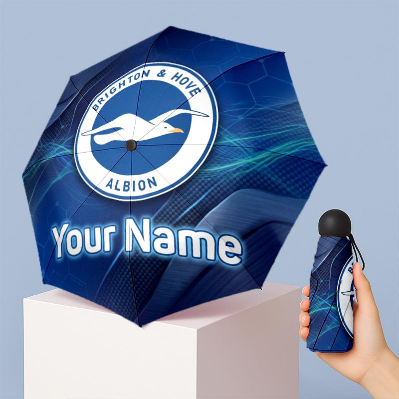 Brighton & Hove Albion Football Manual Five Fold 8 Rib Umbrella Support Custom Text, Lightweight Travel Umbrella
