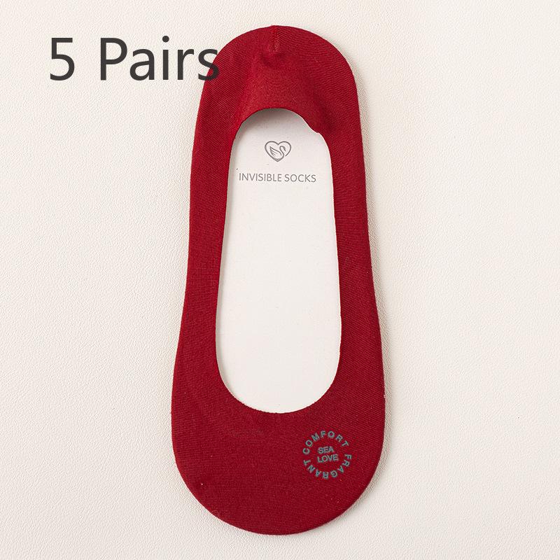 5 пар красных носков, женские короткие носки-лодочки, без протечек, с ультра-мелким носком и высоким каблуком, без следов, нескользящие, невидимые, без спадающего каблука
