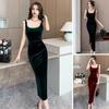 Summer Women Evening Dress Sleeveless Slim Fit Backless Pure Color Split Hem Velvet U-shaped Neck Prom Cocktail Party Midi Dress