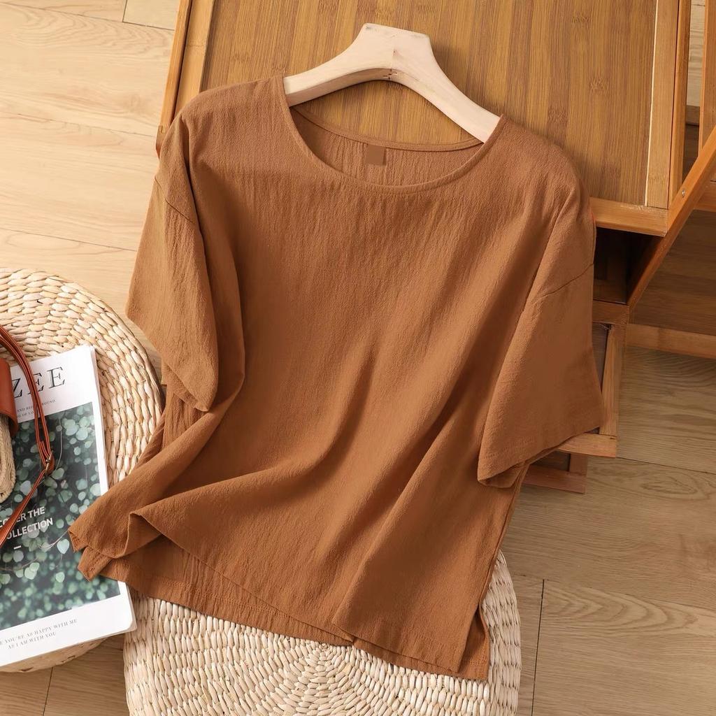 Новые летние женские топы из хлопка и льна большого размера, литературный пуловер, повседневная свободная футболка, топы с короткими рукавами