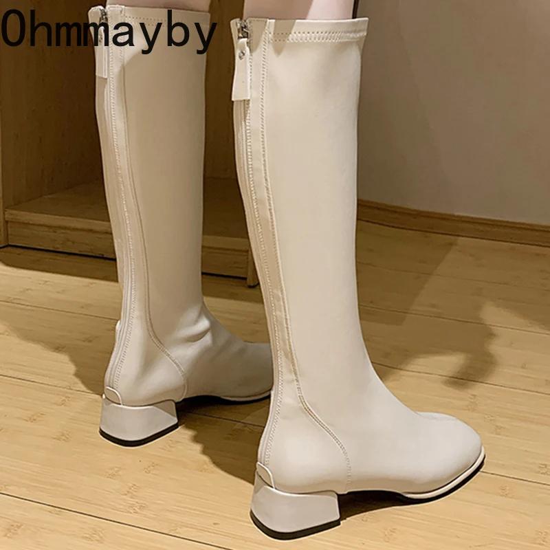 Fashion Winter Woman Knee-High Boots Fashion Comfort Soft Leather Square Low Heel Long Booties 2024 Trend Add Fur Women's Boots