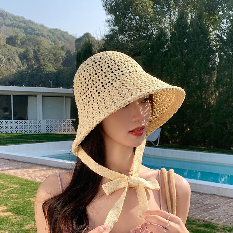 Fashion straps Hollow breathable bucket hat Summer outdoor versatile basin hat Casual sunshade sun protection hat Children