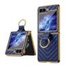 VIETAO Compatible With Samsung Galaxy Z Flip 6 5 4 3 Golden Plated Finger Ring Holder Kickstand Leather Mobile Phone Case, Blue