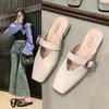Women's Outdoor Summer Spring Square Head Slip-On Sandals with Buckle Casual Thick Heel Covered Toe Semi-Slipper