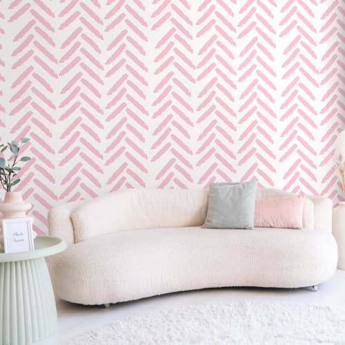 VEELIKE Easy-Stick Wallpaper Stickers, Pink Herringbone Pattern, White, Peelable Wallpaper, Wall Stickers, Waterproof, Heat-Resistant, Thick, Opaque P