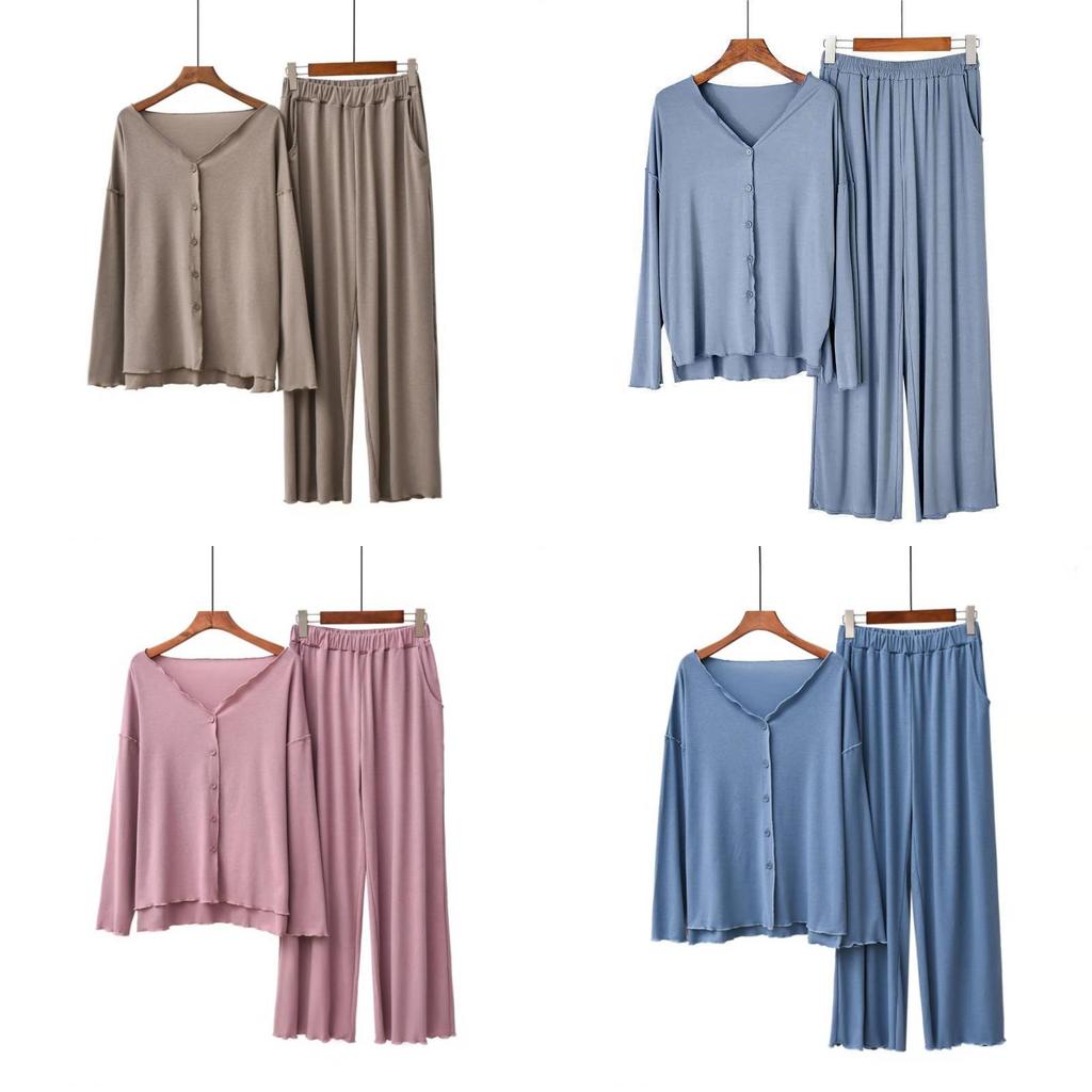 Modal Fiber Sleepwear Set For Women With V Neck Long Sleeve And Comfortable Fit For Nightwear