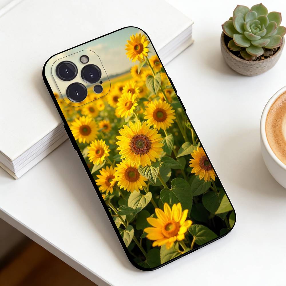 Sunflower&Sunny Day For iPhone 16,15,14,13,12,11,XS,XR,X,8,7,Pro,Max,Plus,mini Silicone Black Cover