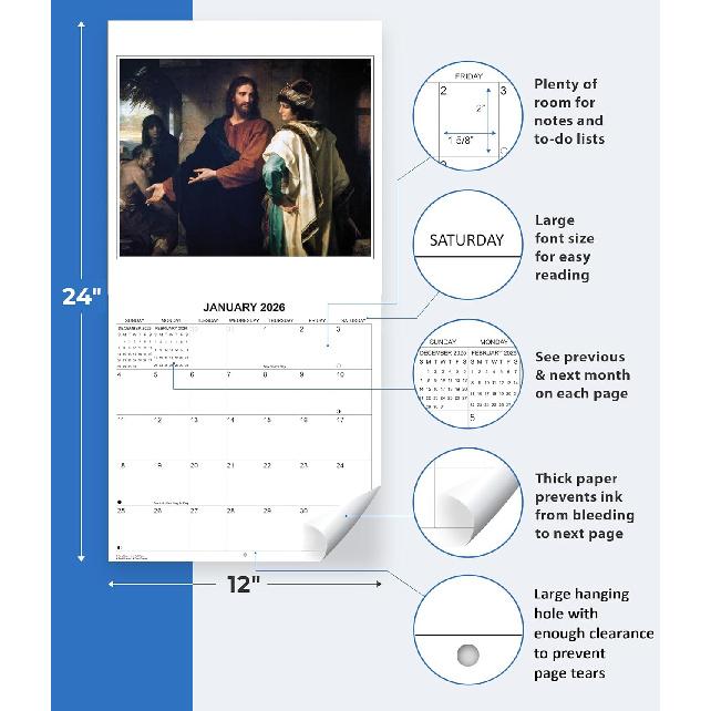 2026 Paintings of Christ Monthly Wall Calendar - Famous Paintings of our Lord and Savior - Bloch, Hoffman, Da Vinci, Raphael, Tissot | Christian