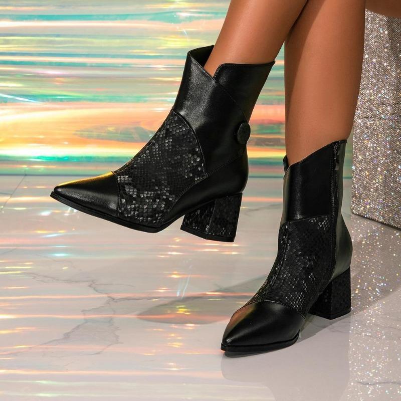 Fashion Sexy Black Pointed Toe Snake Print Ankle Boots Women Fashion Sequins Buckle Thick-sole Modern Boot Cozy Large Size Designer Boot