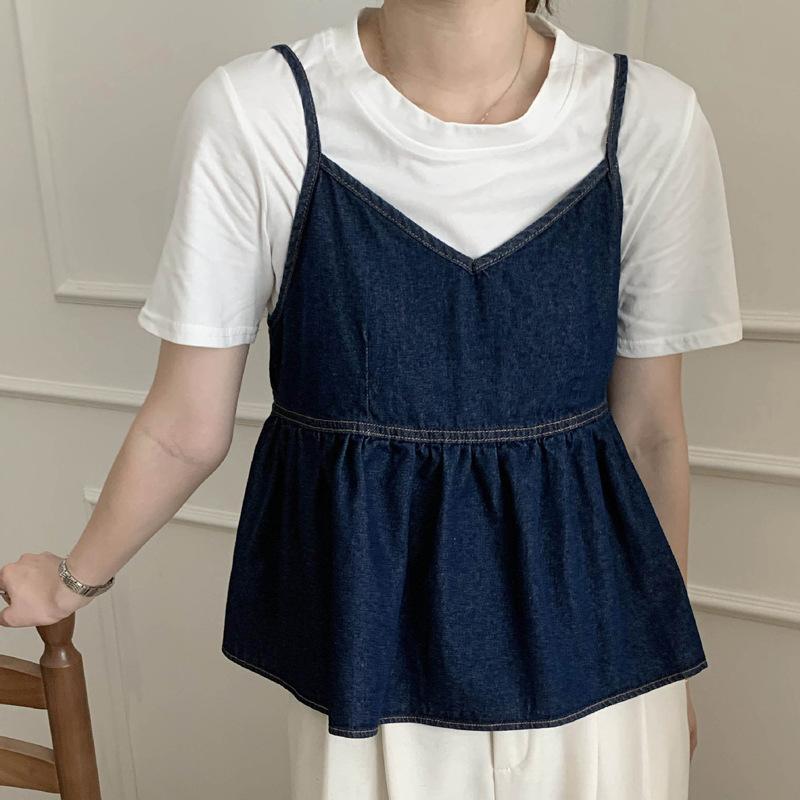 Стильная элегантность, мода, женский повседневный жилет, плиссированный дизайн, свободная джинсовая майка с V-образным вырезом, летние шикарные оборки, топы без рукавов для женщин
