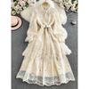 French Style Vintage Court Style Dress Machine Embroidery Wooden Ear Silm Long Lace Dress Classy Exquisite Dress
