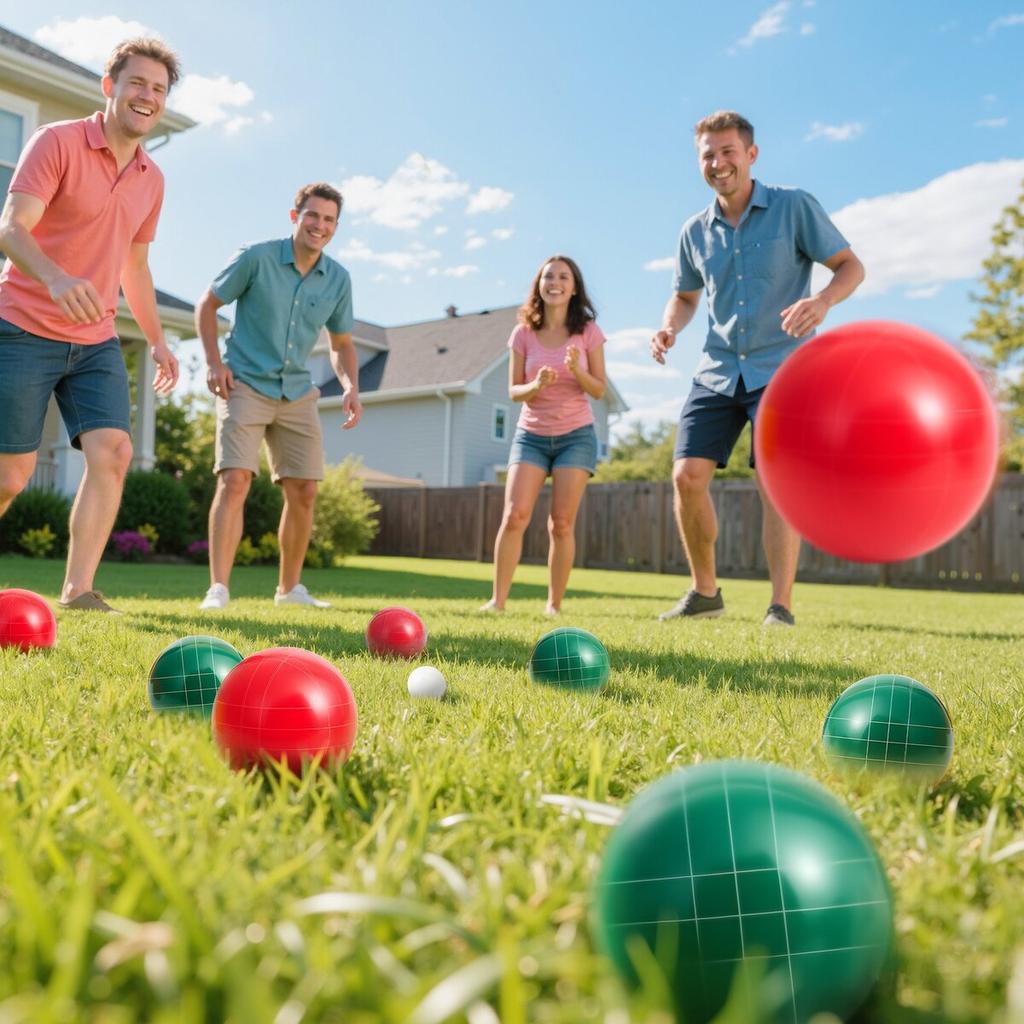 Bocce Ball Set, 107 mm, with 8 Resin Balls, Pallino, Carrying Bag and Measuring Rope, Red and Green 2 Colors, for 2 to 8 Players, Bocce Ball Game Set
