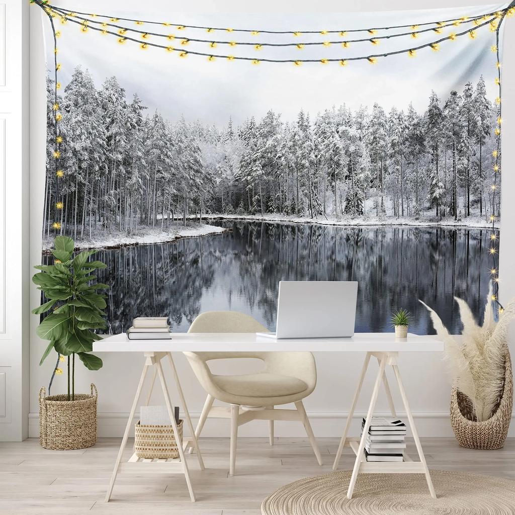 Зимний гобелен Лес Снежная сосна Гобелен Восход Природа Пейзаж Гобелен Настенный декор для спальни Гостиной Общежития