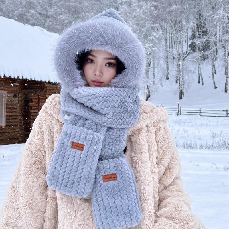 Женский зимний комплект из плюша «все в одном»: Шапка-медведь с шарфом и перчатками — корейский стиль велоспорта на открытом воздухе