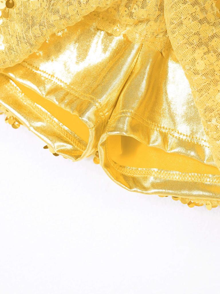 Girls Sparkling Dance Set Sleeveless Round Collar Backless Shiny Sequins Tiered Crop Top Elastic Waist Skirt