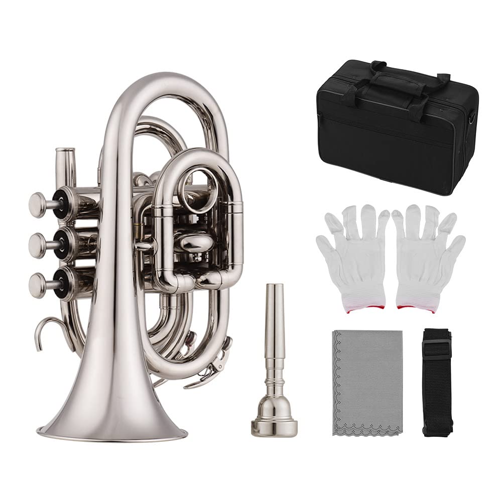 Funien Mini Pocket Trumpet, Bb Flat, Brass, with Mouthpiece, Gloves, Cleaning Cloth, and Carrying Case