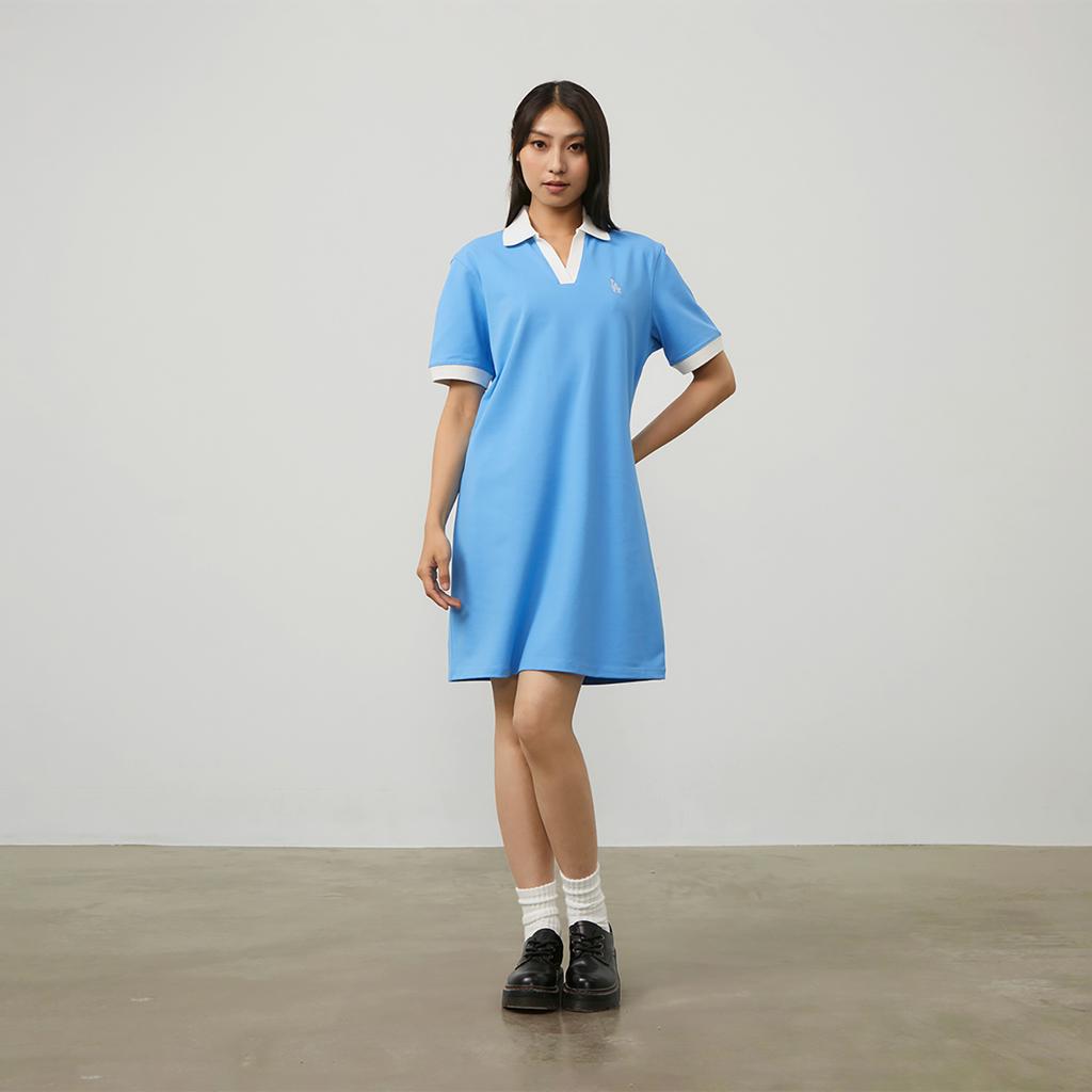 New MLB Base Logo Short Sleeved Dresses Women's Blue 3FOPB0343-07BLL