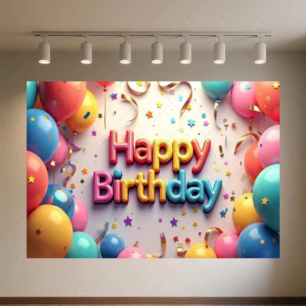 Colourful Happy Birthday Theme Backdrop Supplies 3D Ballon Background Banner Kids Birthday Party Decorations Photo Shoot Props