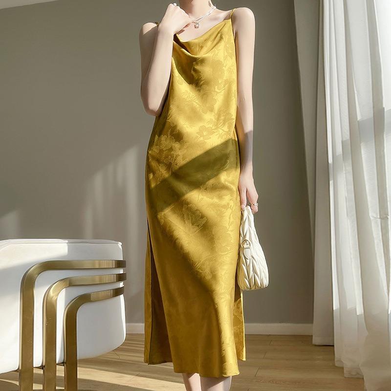Silk Satin Spring Summer Ladies Swing Neck Jacquard Temperament Slimming Slip Dress with Silk Slip Slip Dress
