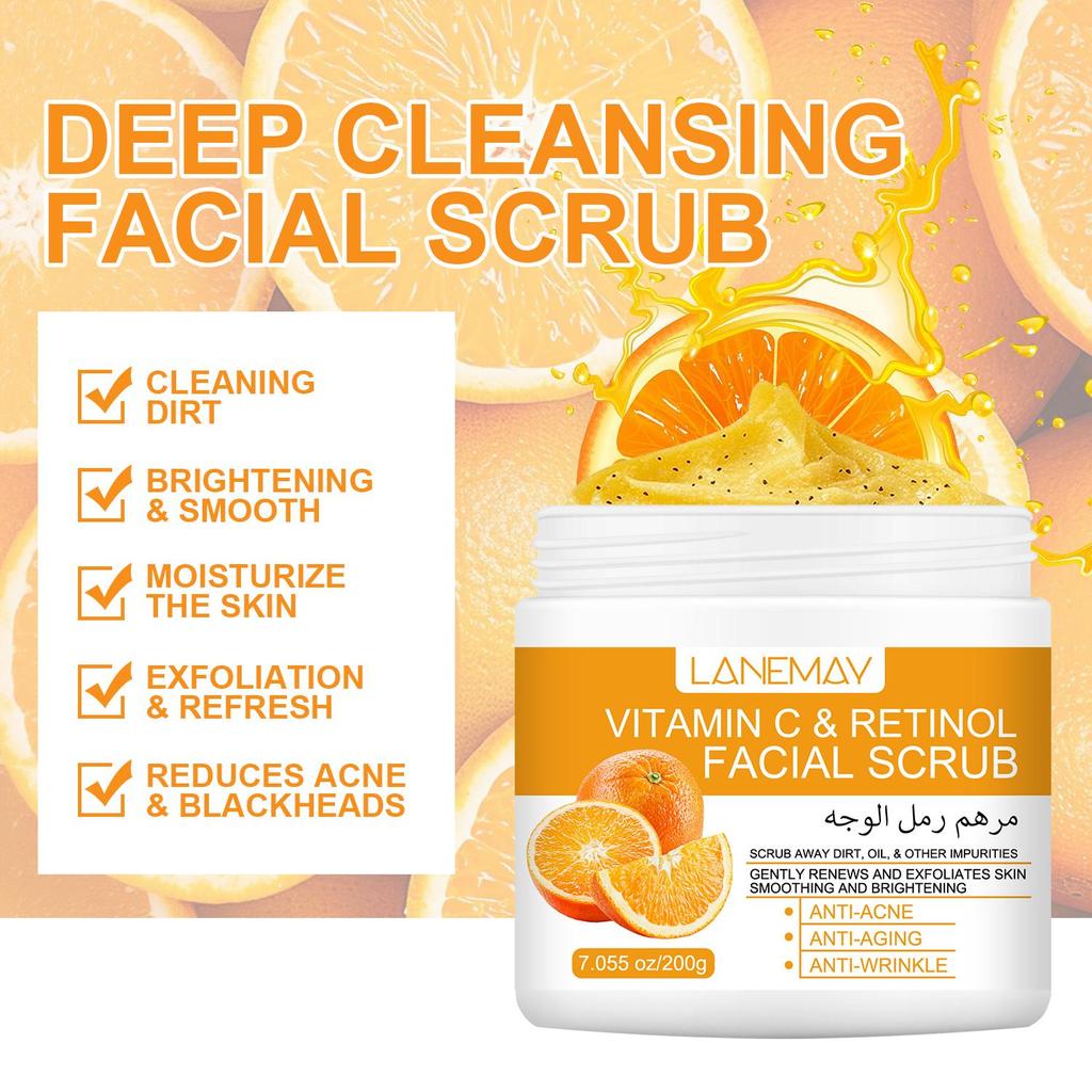 Vitamin C & Retinol Facial Scrub -Deep Cleansing, Brightening Moisturize, Smooth Skin, -Suitable for All Skin Types,200g