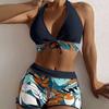 Fashion printed swimsuit new large size women's neck high waist flat angle conservative beach swimsuit
