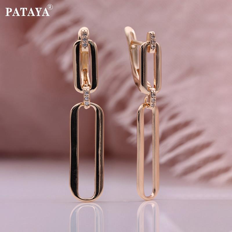 PATAYA Rose Gold Color Hollow Earrings Artificial Zircon Long Drop Earrings Women Wedding Geometric Earrings