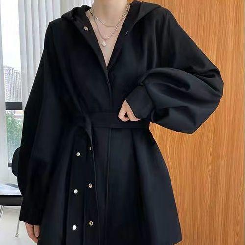 Autumn Korean Loose Trench Coat With Hooded Belt Black Woman Jackets Overcoat