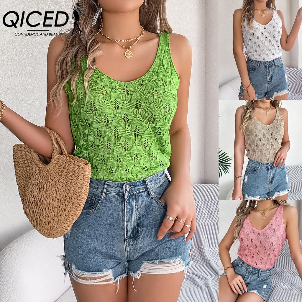 QICED Summer Solid Color V-neck Cutout Leaf Sleeveless Knitted Sweater Vacation Vest Women's Wear